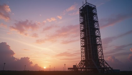 Obraz premium Rocket Launch Pad at Dusk with Dramatic Clouds and Sunset Colors