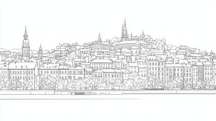 Fototapeta premium Belgrade Serbia Cityscape Coloring Page - A detailed line art coloring page depicting the Belgrade, Serbia cityscape. Five symbolic concepts include architecture, history, urban life, river views