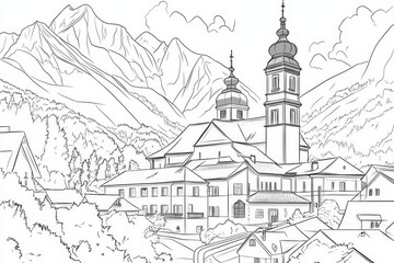 Naklejka premium Berchtesgaden Monastery and Alpine Peaks Coloring Page - A detailed line art coloring page depicting a serene monastery nestled in the Bavarian Alps. Concepts: peace, nature, architecture