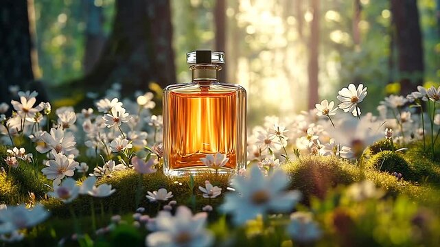 Elegant perfume bottle surrounded by blooming flowers in a serene forest (1)