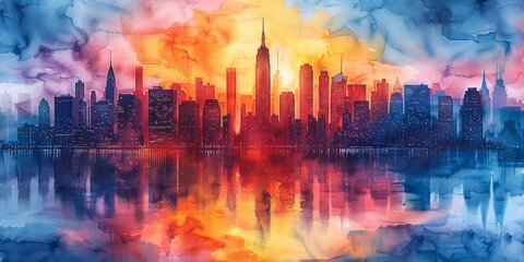 Obraz premium Watercolor Painting of a City Skyline at Sunset