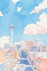 Watercolor Painting of a Cityscape with a Tall Tower and Blue Sky