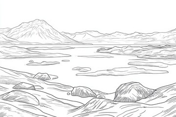 Blue Lagoon Iceland Line Art Coloring Page - Serene landscape coloring page featuring a tranquil blue lagoon, rugged mountains, and rocky shoreline. Symbolizing peace, nature, adventure, escape