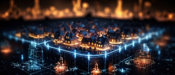 Digital Community Concept with Smart Houses, Smart City and Wireless Communication Network, Real Estate and Urban Innovation Concept with City Lights. 3D Illustration of Future City.