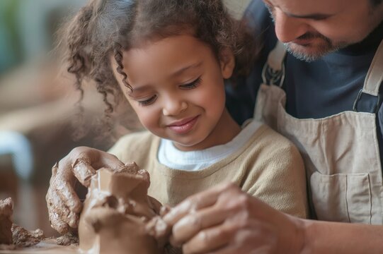 Potter and child creating clay sculpture during pottery class, enjoying their time together