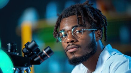 Young scientist analyzing samples in focused laboratory environment