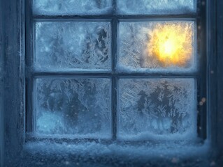 Naklejka premium A frosty window reveals a warm light on a cold winter day