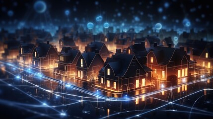 Digital Community Concept with Smart Houses, Smart City and Wireless Communication Network, Real Estate and Urban Innovation Concept with City Lights. 3D Illustration of Future City.