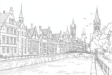 Bruges Canal Line Art Coloring Page - A charming line art coloring page depicting a picturesque canal scene in Bruges, Belgium. Symbolizing tranquility, history, architecture, travel, and artistry