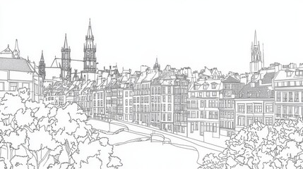 Fototapeta premium Brussels Belgium Cityscape Line Art Coloring Page - A detailed line art coloring page depicting the Brussels cityscape. Features architecture, trees, a canal, and a church spire, symbolizing history