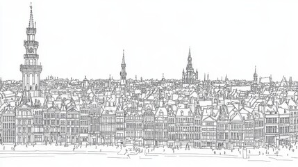 Obraz premium Brussels Cityscape Line Art Coloring Page - A detailed line art coloring page depicting the Brussels cityscape, symbolizing architecture, history, travel, urban life