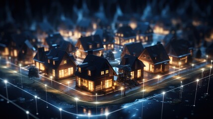 Digital Community Concept with Smart Houses. Smart city and wireless communication network. Real estate concept. Smart city concept with smart houses and city lights. Mockup city. 3d illustration.