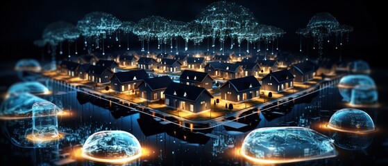 Digital Community Concept with Smart Houses, Smart City and Wireless Communication Network, Real Estate and Urban Innovation Concept with City Lights. 3D Illustration of Future City.	
