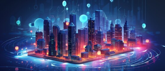 Digital Community Concept with Smart Houses. Smart city and wireless communication network. Real estate concept. Smart city concept with smart houses and city lights. Mockup city. 3d illustration.