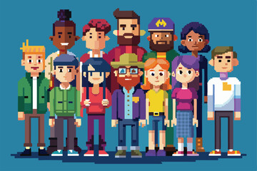 A diverse set of pixel art characters poses together, showcasing unique styles and expressions in a colorful design, Set of people in pixel art style,