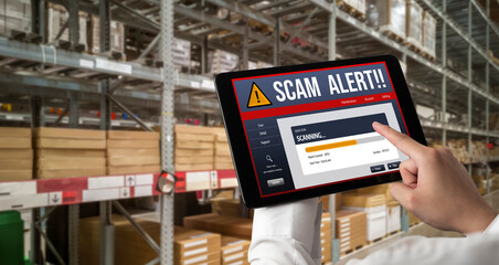 Fototapeta premium Cyber security software show alert of cyber attack for protection snugly. Danger from virus, phishing and cyber fraud.