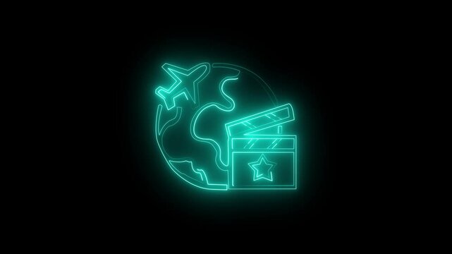 Glowing neon Travel Filmmaker icon isolated on black background. HD Video motion graphic animation.