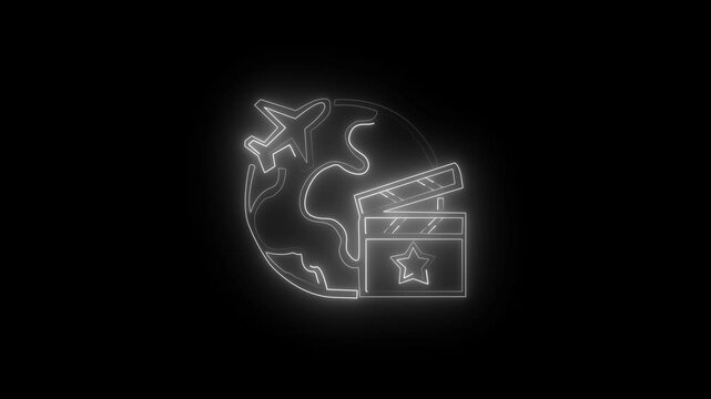 Glowing neon Travel Filmmaker icon isolated on black background. HD Video motion graphic animation.