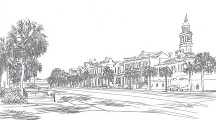 Fototapeta premium Charleston Street Scene Line Art Coloring Page - A charming line art coloring page depicting a picturesque Charleston street, featuring historic architecture, palm trees