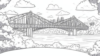 Chattanooga Bridge Line Art Coloring Page - A scenic line art coloring page depicting a bridge spanning a river, surrounded by lush greenery and a cityscape in the background. Concepts: nature