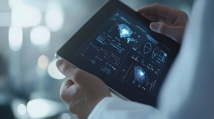 a person using a digital tablet, with a focus on the screen displaying complex data 