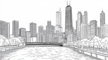 Fototapeta premium Chicago Skyline Coloring Page - A detailed line art coloring page depicting the Chicago skyline, featuring iconic buildings, a river, and trees. Symbolizes urban life, architecture, nature, travel