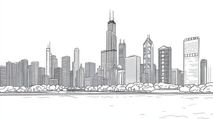 Chicago Skyline Coloring Page - A detailed line art coloring page depicting the Chicago skyline, symbolizing urban architecture, city life, travel, Illinois, and American culture