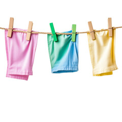 Pastel clothes drying on a clothesline using clothespins,