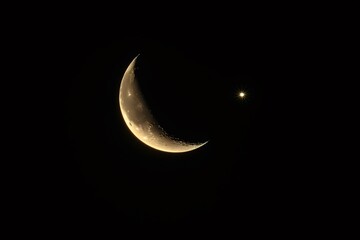 Waxing crescent moon glowing in the dark night sky with a bright star, creating a peaceful and serene atmosphere