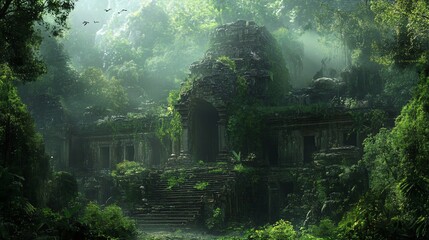 Ancient Temple Ruins Overgrown by Lush Tropical Jungle in Southeast Asia