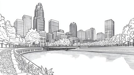 Fototapeta premium Columbus Ohio Skyline Coloring Page - A detailed line art coloring page depicting the Columbus, Ohio skyline, featuring a river, bridge, and lush trees. Symbolizes urban nature, city growth