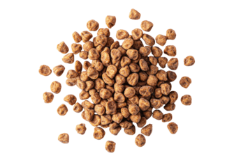 Pile of small, light brown, coated snacks, overhead view, blurred background