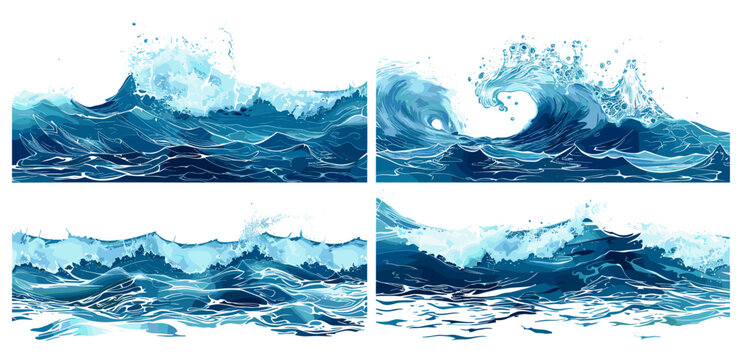 Set of sea water surfaces, ocean texture, water wave patterns, marine background, blue water, ripples, nature design, smooth sea, water motion, water splash