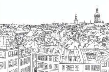Naklejka premium Copenhagen Skyline Coloring Page - A detailed line art coloring page depicting the cityscape of Copenhagen, Denmark. Symbolizing urban exploration, architectural detail, historical charm