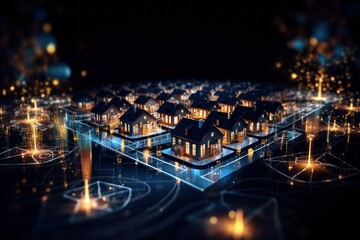 Digital Community Concept with Smart Houses. Smart city and wireless communication network. Real estate concept. Smart city concept with smart houses and city lights. Mockup city. 3d illustration.