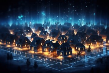 Digital Community Concept with Smart Houses. Smart city and wireless communication network. Real estate concept. Smart city concept with smart houses and city lights. Mockup city. 3d illustration.