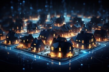 Digital Community Concept with Smart Houses. Smart city and wireless communication network. Real estate concept. Smart city concept with smart houses and city lights. Mockup city. 3d illustration.
