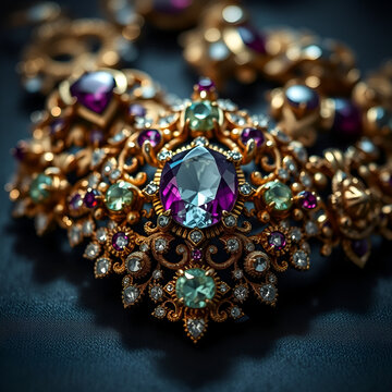 luxurious jewelry pieces zaffre gemstones intricate metalwork ornate details macro shot high-contrast dramatic lighting rich opulent atmosphere