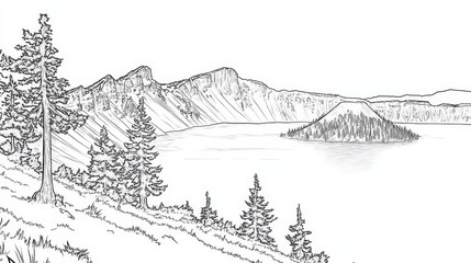 Fototapeta premium Crater Lake Oregon Line Art Coloring Page - A scenic line art coloring page depicting Crater Lake in Oregon. It features a tranquil lake, majestic mountains, and evergreen trees. Symbolizing nature