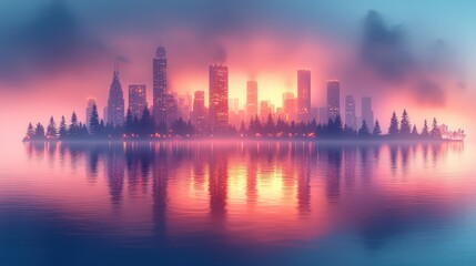 Fototapeta premium A City Silhouette Reflected Upon Calm Water During Sunset