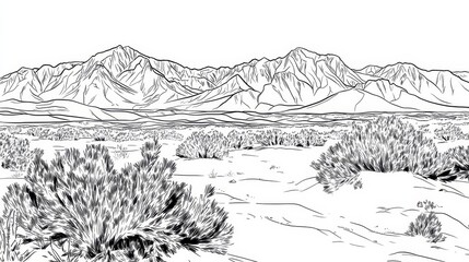 Fototapeta premium Death Valley Line Art Coloring Page - A serene desert landscape coloring page featuring mountains, shrubs, and sand. Concepts: nature, tranquility, wilderness, exploration, serenity