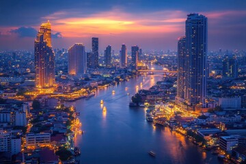 Aerial view of Bangkok city at twilight, Thailand.