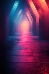 Neon-lit corridor, vibrant pink blue hues, mysterious ambiance