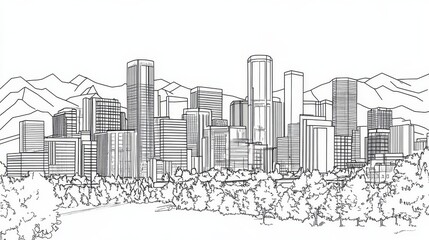 Obraz premium Denver Skyline Coloring Page - A detailed line art coloring page featuring the Denver, Colorado skyline, mountains, and trees. Symbolizing urban landscape, nature, tranquility, creativity