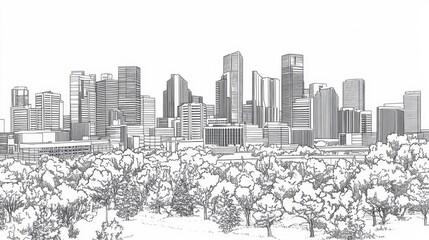 Fototapeta premium Denver Skyline Coloring Page: A Line Art Cityscape - A detailed line art coloring page depicting the Denver, Colorado skyline. Features skyscrapers, trees, and a city park, symbolizing urban growth