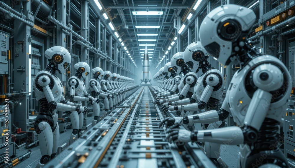 Poster advanced robots working together in a futuristic factory setting