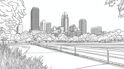 Des Moines Skyline Coloring Page - A line art coloring page depicting the Des Moines skyline, symbolizing urban nature, city growth, community, tranquility, and progress. Easy to color for all ages