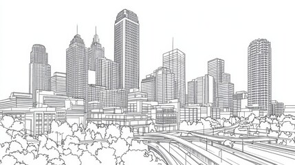 Naklejka premium Detroit Cityscape Line Art Coloring Page - A detailed line art coloring page depicting the Detroit skyline, symbolizing urban architecture, city life, industrial heritage, modern development