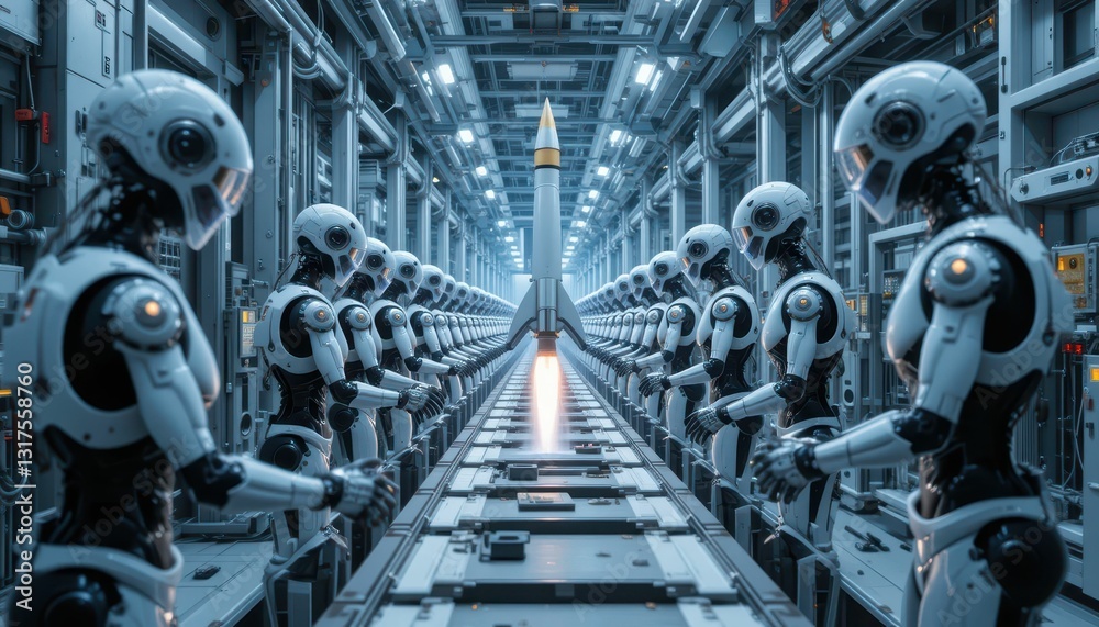 Poster robots working in high-tech factory with rocket launch in background