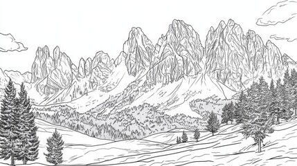 Obraz premium Dolomites Mountain Range Line Art Coloring Page - A detailed line art coloring page depicting the majestic Dolomites mountain range in Italy. Five concepts are symbolized: nature, adventure, serenity